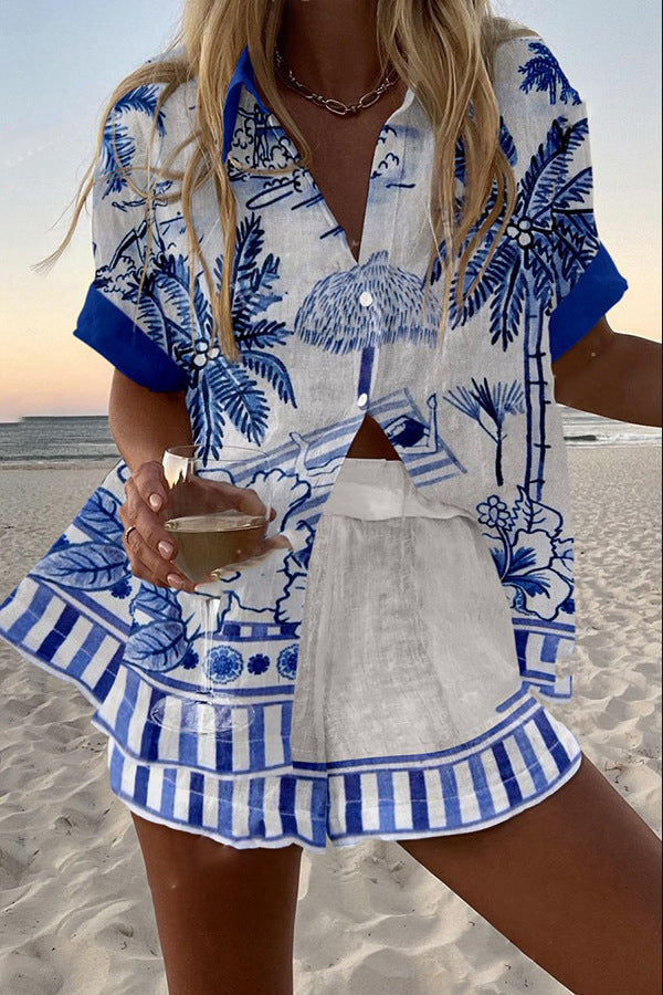 Kiki | Korte linnen set met palmenprint