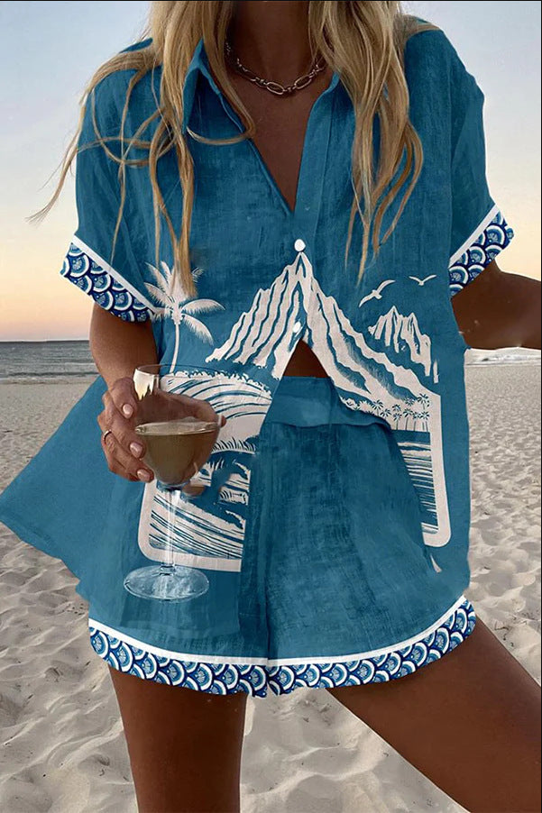 Vivianne | Korte linnen set met Monte Fuji-print