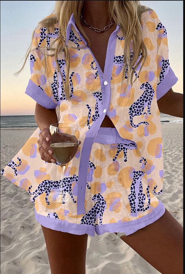 Rosalie | Korte linnen set met luipaardprint