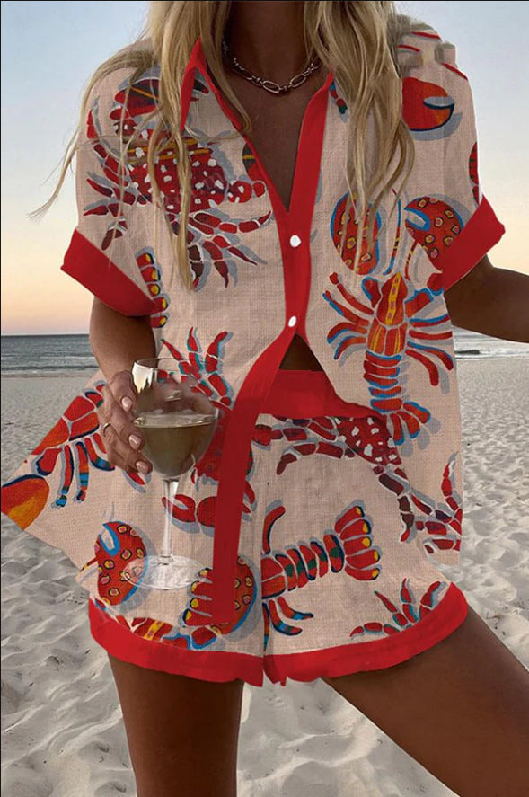 Lily | Korte linnen set met kreeftenprint