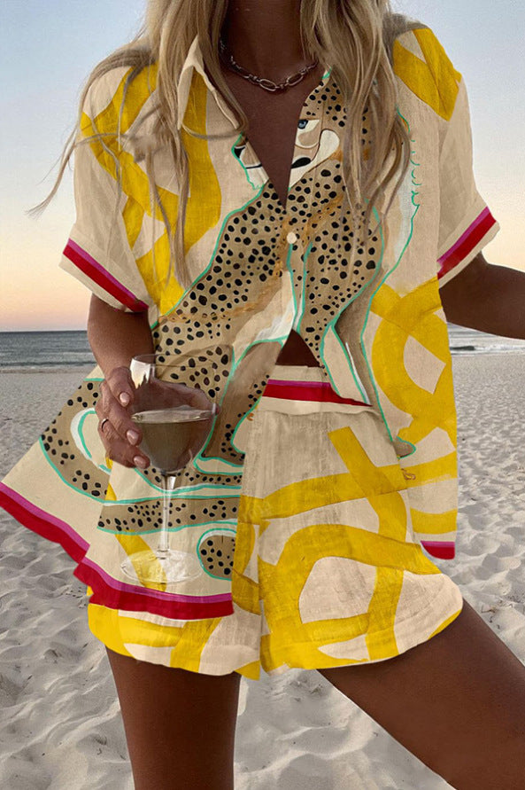 Florine | Korte linnen set met cheetahprint